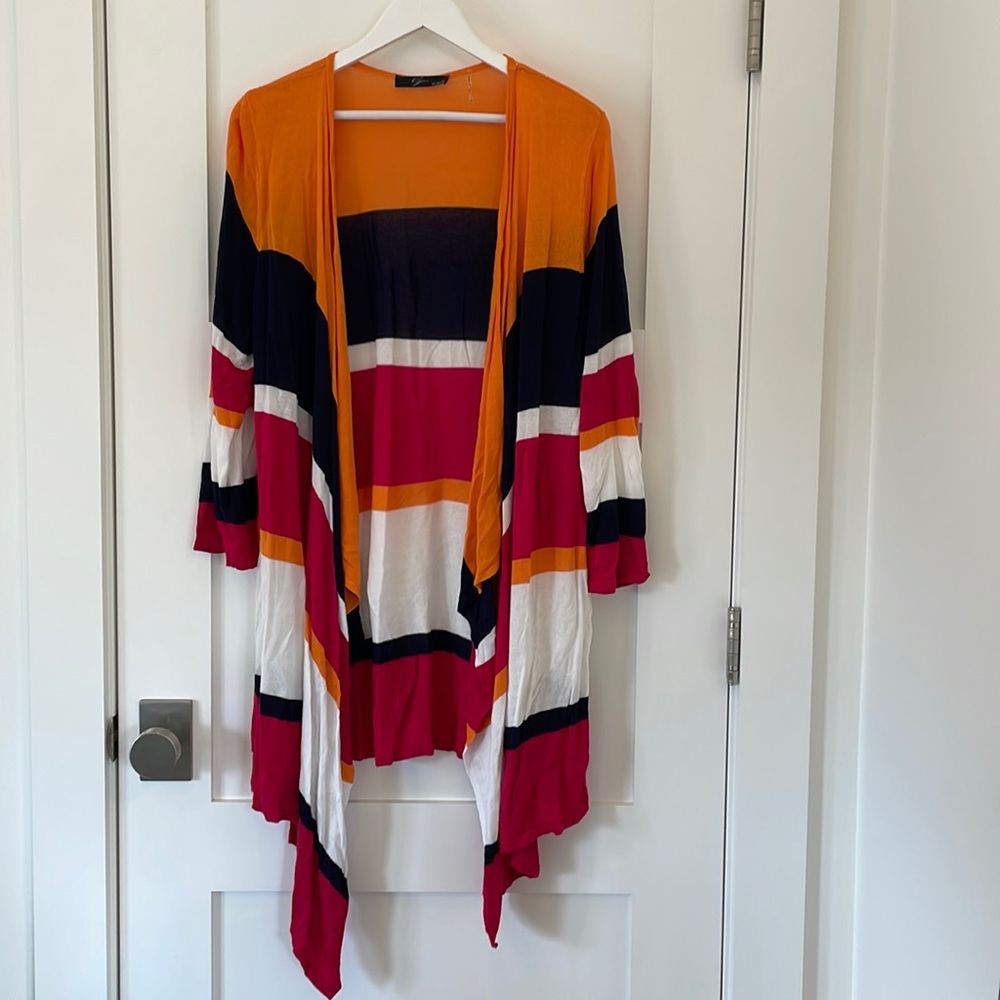 Festive 3X Color Block Striped Pink/Orange/Navy/White Summer weight sweater